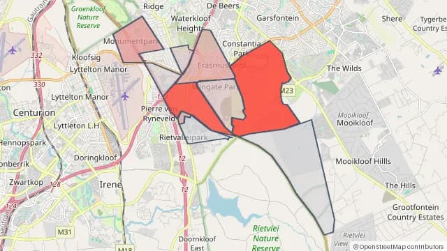 Map of areas affected by the power outage around Elarduspark