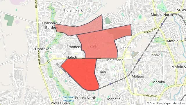 Map of areas affected by the water outage around Dobsonville Ext 3